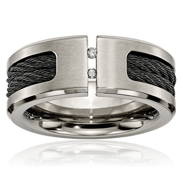 Titanium Black Cable Diamond 10mm Wedding Band Ring