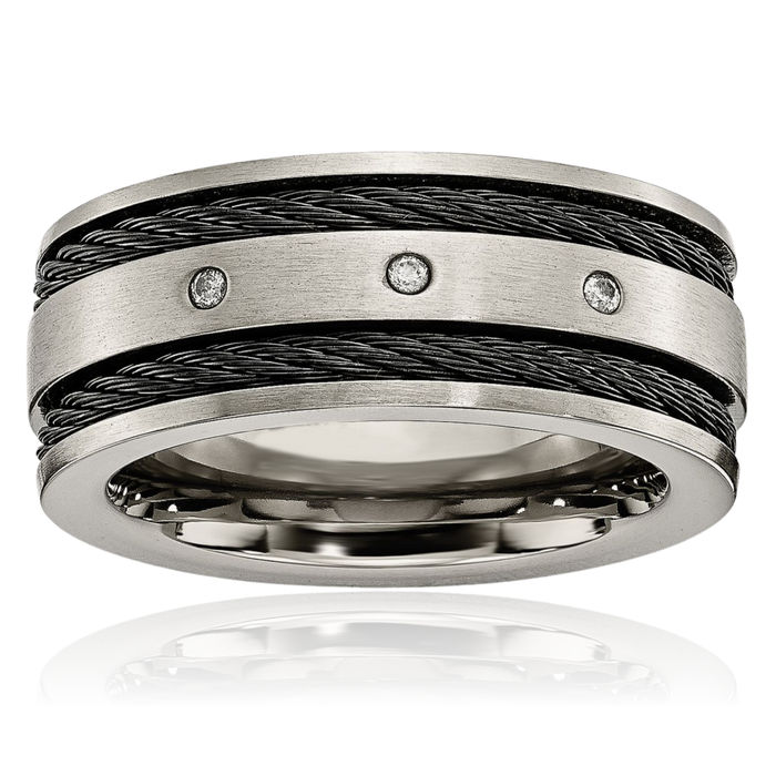 Titanium Black Cable Diamond 10mm Wedding Band Ring