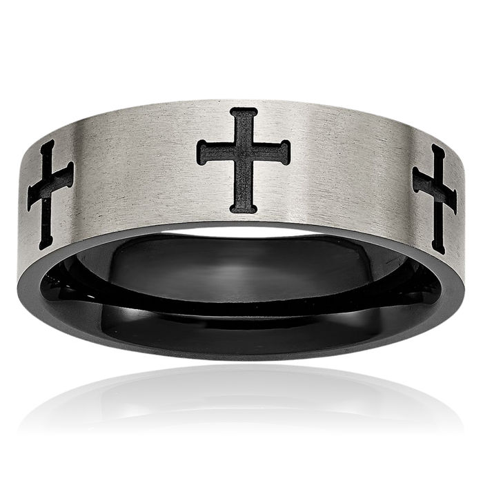 Titanium Black Holy Cross 7mm Wedding Band Ring Christian Religious