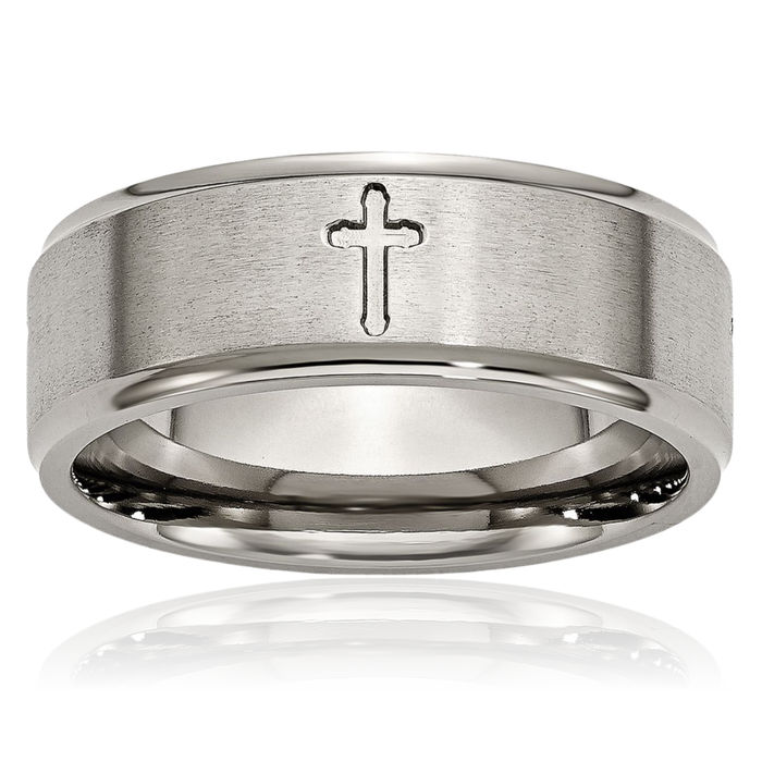 Titanium Holy Cross 8mm Ridged Edge Wedding Band Ring Christian Religious