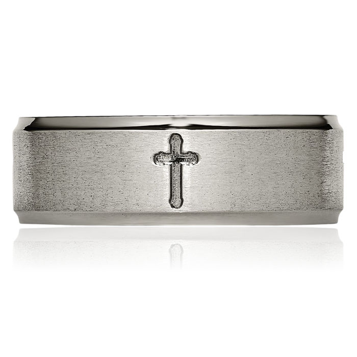 Titanium Holy Cross 8mm Ridged Edge Wedding Band Ring Christian Religious