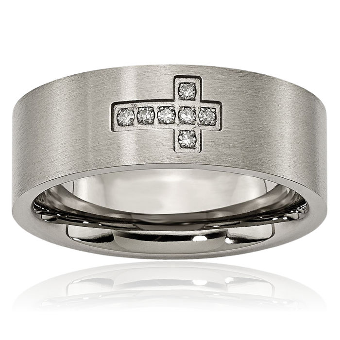 Titanium Diamond Holy Cross 8mm Wedding Band Ring Christian Religious