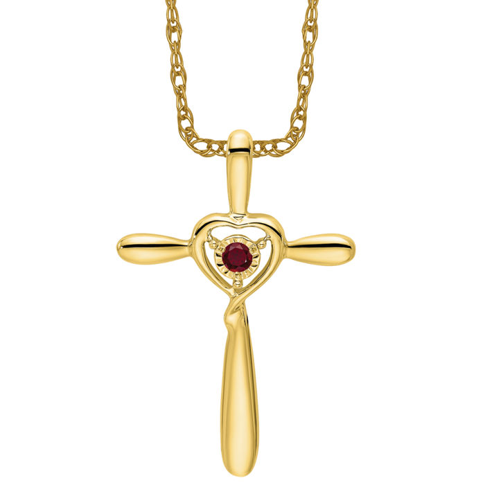 10K Solid Yellow Gold Lab Ruby Cross Heart Floating Chain Slide Necklace - Picture 10 of 12
