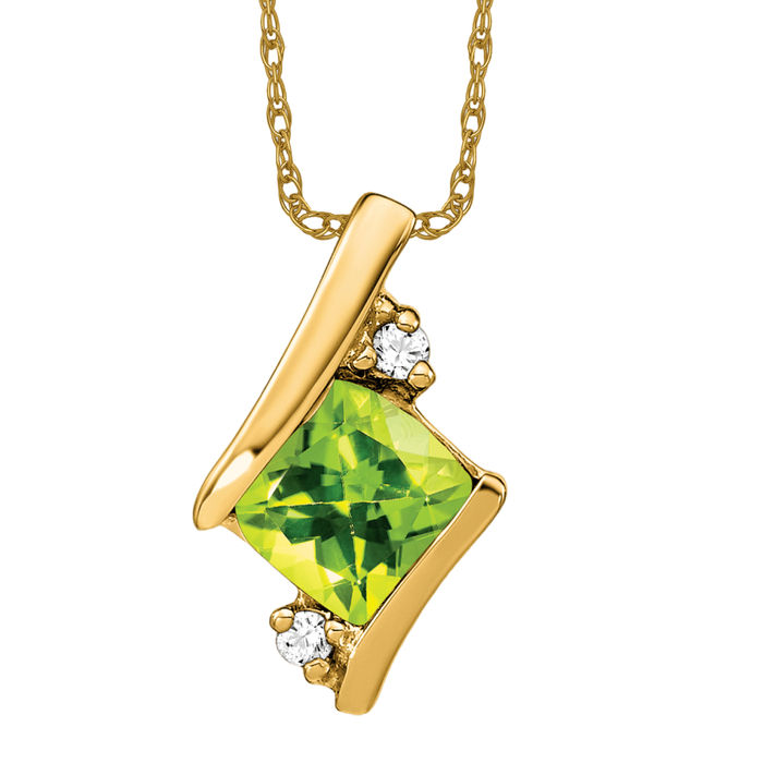 10K Solid Yellow Gold Cushion-cut Peridot Diamond Floating Chain Slide Necklace - Picture 3 of 4