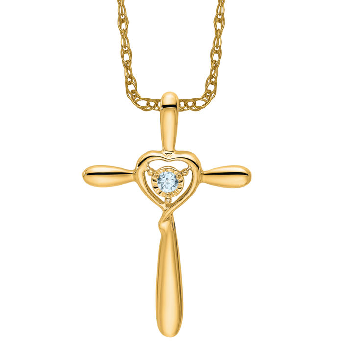 14K Solid Yellow Gold Aquamarine Cross Heart Floating Chain Slide Necklace - Picture 11 of 12