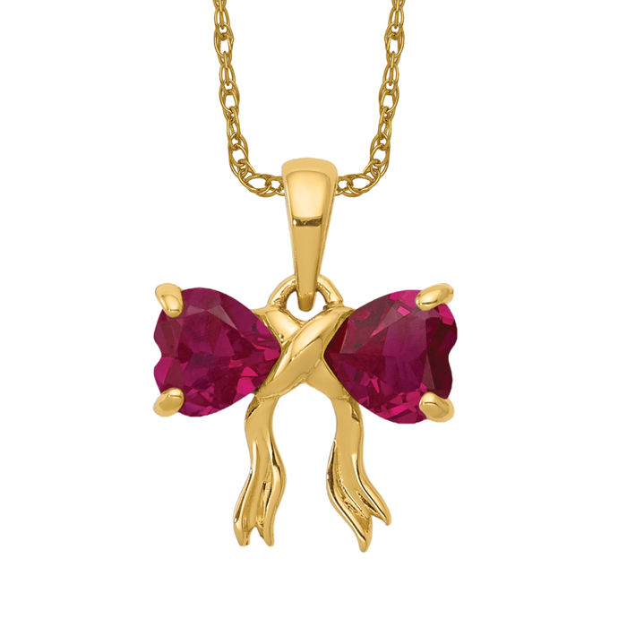14K Solid Yellow Gold Lab Ruby Bow Necklace - Picture 10 of 12