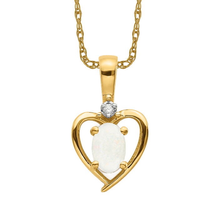 14K Solid Yellow Gold Opal Diamond Heart Necklace