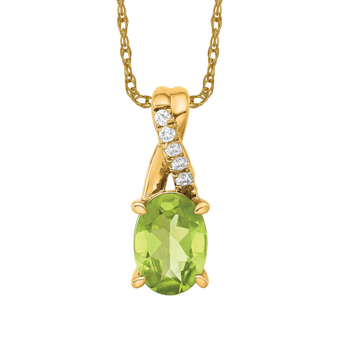 14K Solid Yellow Gold Oval Peridot Diamond Necklace - Picture 11 of 12