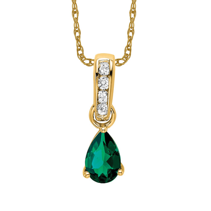 14K Solid Yellow Gold Pear Lab Emerald Diamond Necklace - Picture 3 of 5