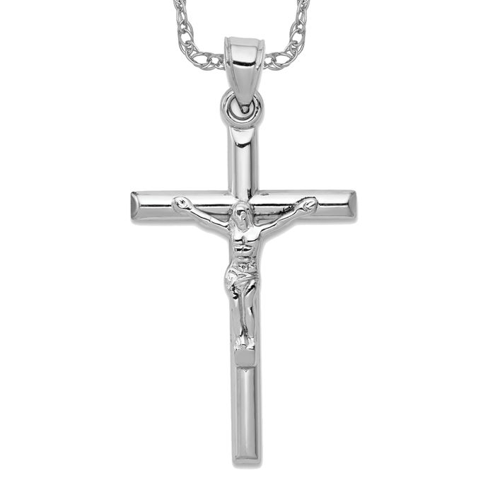 10K Solid White Gold Lord Jesus Christ Crucifix Holy Cross Necklace Religious Chain Pendant Charm