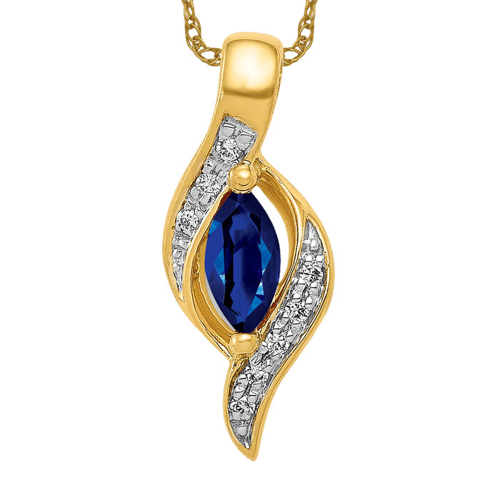 10K Solid Yellow Gold Diamond Marquise Blue Sapphire Necklace - Picture 10 of 12