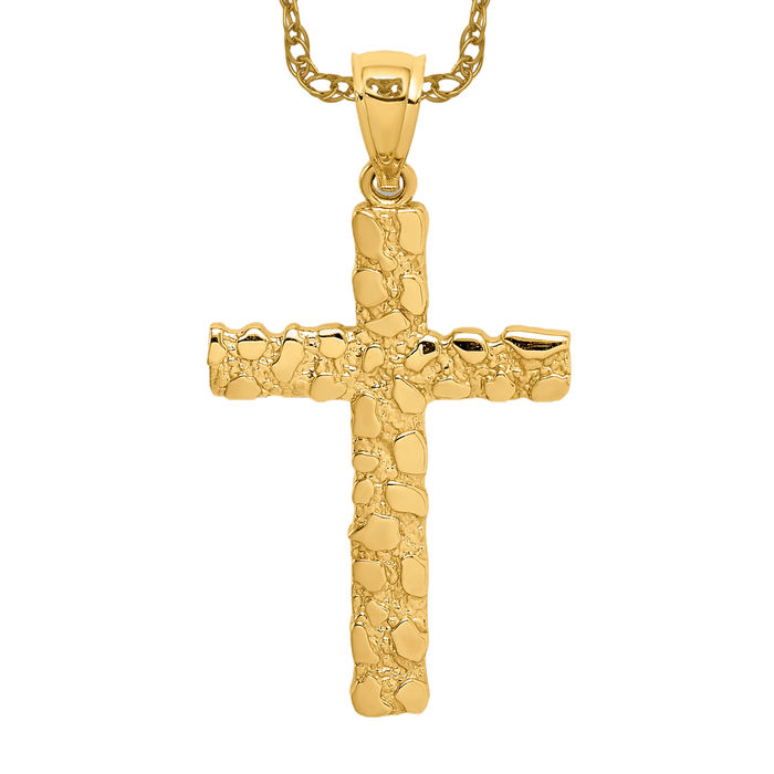 10K Solid Yellow Gold Nugget Cross Necklace - Picture 9 of 12