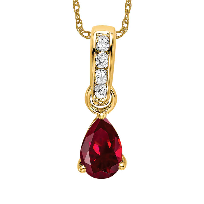 10K Solid Yellow Gold Pear Lab Ruby Diamond Necklace - Picture 8 of 12