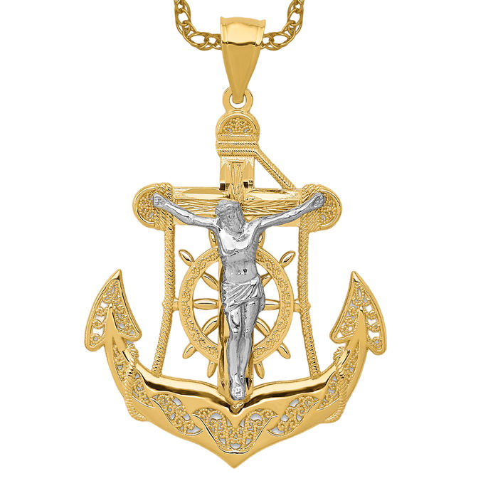 14K Solid Two Tone Gold Anchor Mariner Holy Cross Necklace Religious Chain Pendant Jesus Christ Nautical Charm