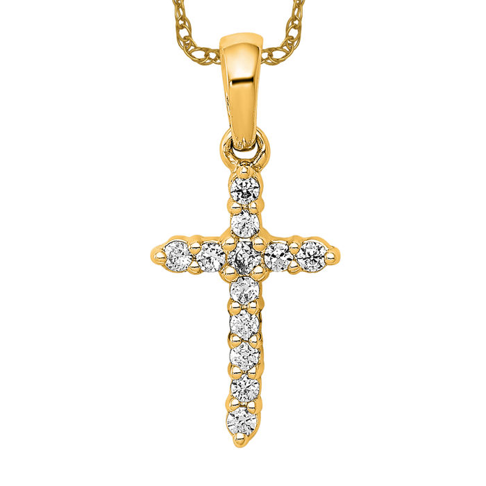 14K Solid Yellow Gold Diamond Holy Cross Necklace Religious Chain Pendant Jesus Christ Charm