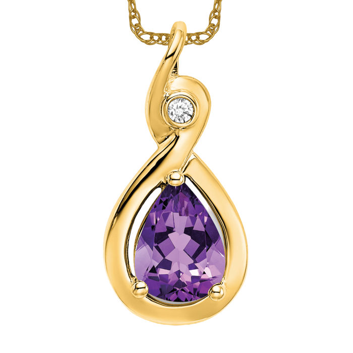 14K Solid Yellow Gold Pear Amethyst Diamond Necklace - Picture 2 of 4