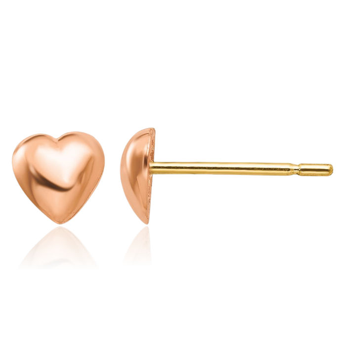 10K Solid Rose Pink Gold Heart Stud Earrings