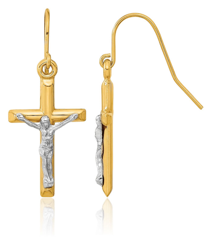 10K Solid Two Tone Gold Lord Jesus Christ Crucifix Holy Hanging Cross Christian Religious Drop Dangle Earrings