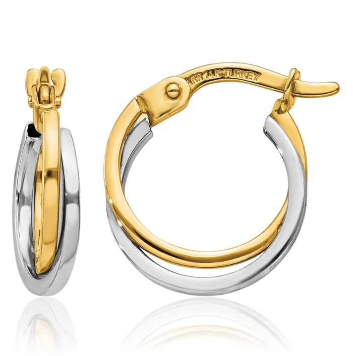 10K Solid Two Tone Gold Round Small Hoop Earrings