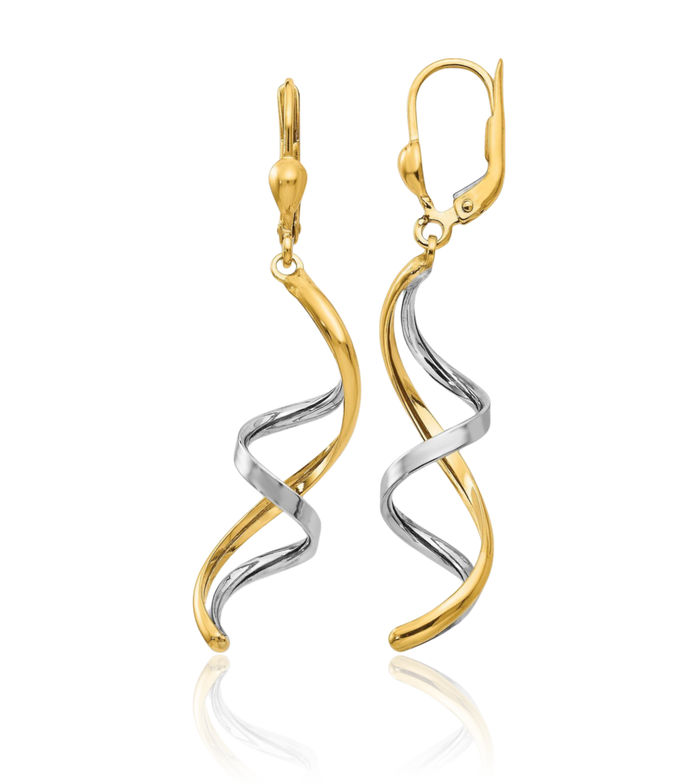 10K Solid Two Tone Gold Spiral Drop Dangle Earrings