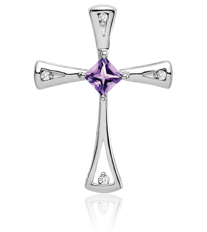 10K Solid White Gold Purple Amethyst Diamond Holy Cross Necklace Charm Gemstone Pendant