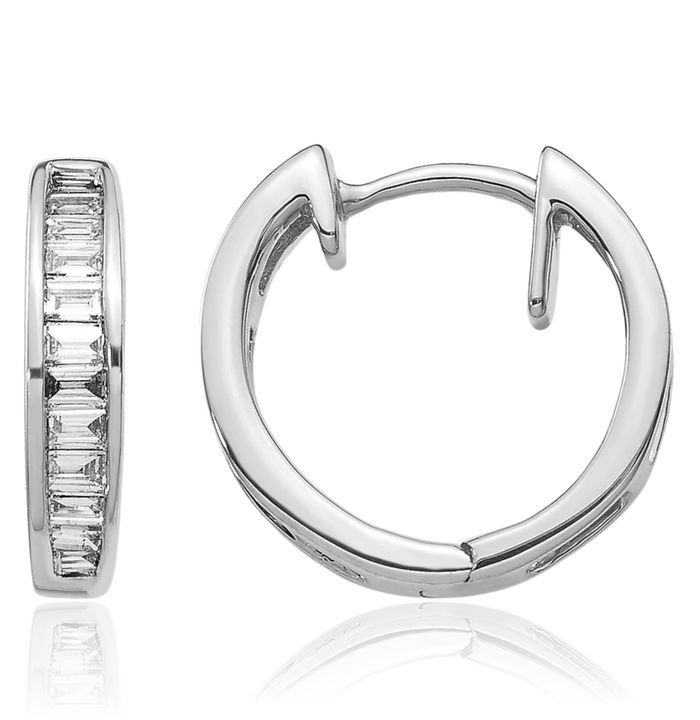 10K Solid White Gold Baguette Diamond Round Huggie Mini Small Hoop Earrings