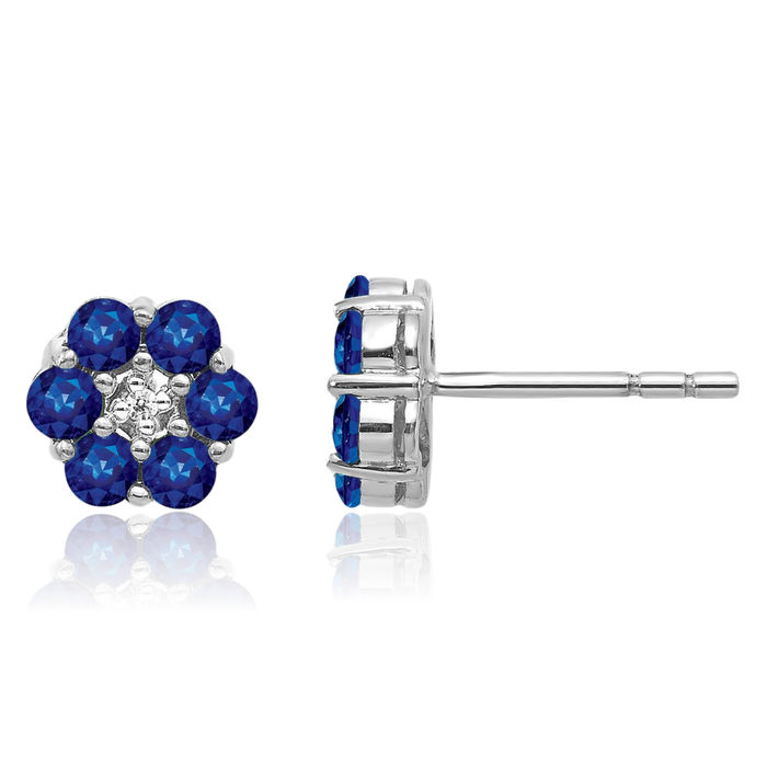 10K Solid White Gold Blue Sapphire Diamond Studs Gemstone Earrings September Birthstone Jewelry