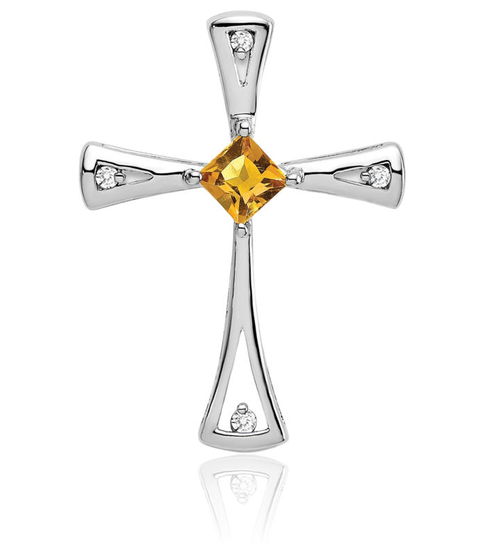 10K Solid White Gold Yellow Orange Citrine Diamond Holy Cross Necklace Charm Gemstone Pendant