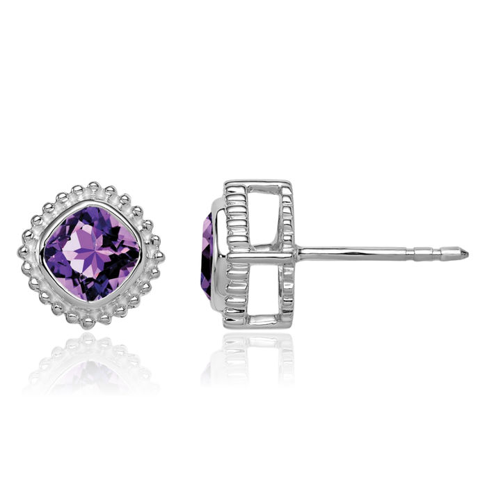 10K Solid White Gold Cushion-Cut Purple Amethyst Stud Earrings February Birthstone Jewelry