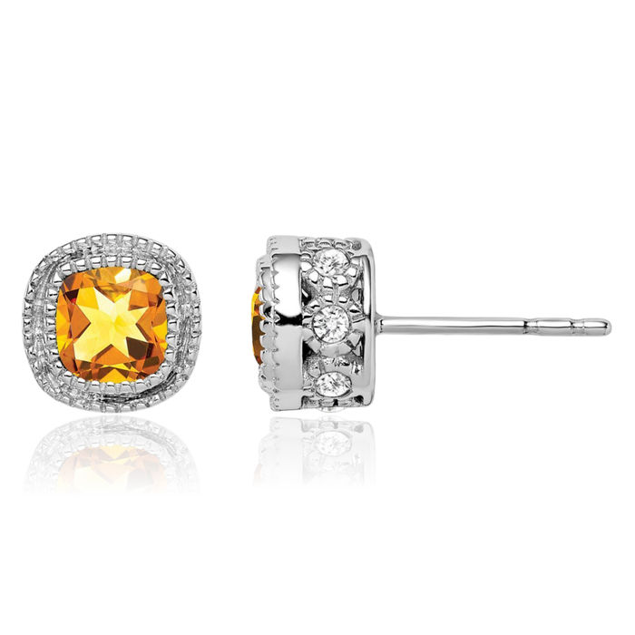 10K Solid White Gold Cushion-Cut Yellow Orange Citrine Diamond Stud Solitaire Earrings November Birthstone Jewelry