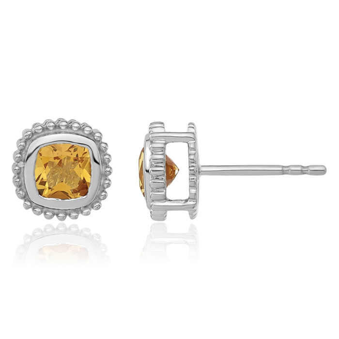 10K Solid White Gold Cushion-Cut Yellow Orange Citrine Stud Earrings November Birthstone Jewelry