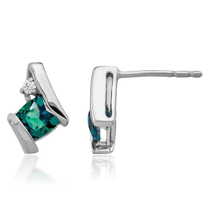 10K Solid White Gold Cushion-Cut Lab Alexandrite Diamond Stud Earrings June Birthstone Jewelry
