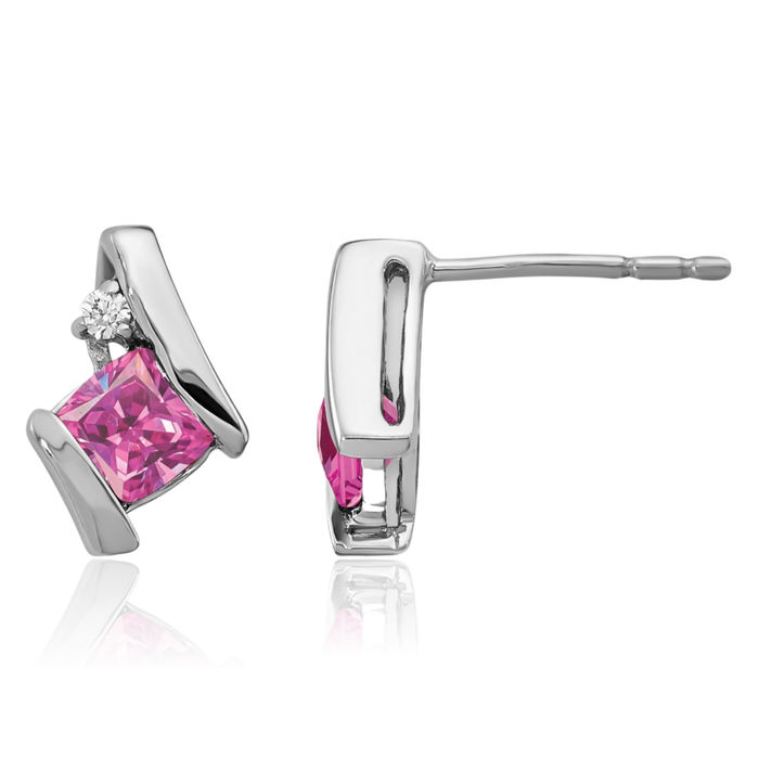 10K Solid White Gold Cushion-Cut Lab Pink Sapphire Diamond Stud Earrings October Birthstone Jewelry