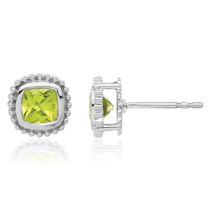 10K Solid White Gold Cushion-Cut Green Peridot Stud Earrings August Birthstone Jewelry