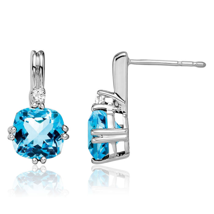 10K Solid White Gold Cushion-Cut Swiss Blue Topaz Diamond Drop Dangle Earrings Gemstone Post Push Back December Birthstone Jewelry