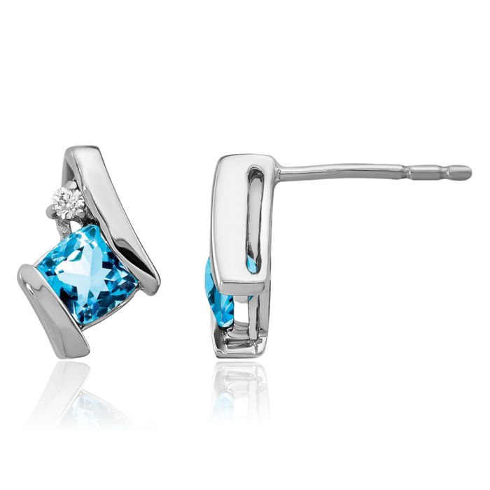 10K Solid White Gold Cushion-Cut Swiss Blue Topaz Diamond Studs Gemstone Earrings December Birthstone Jewelry