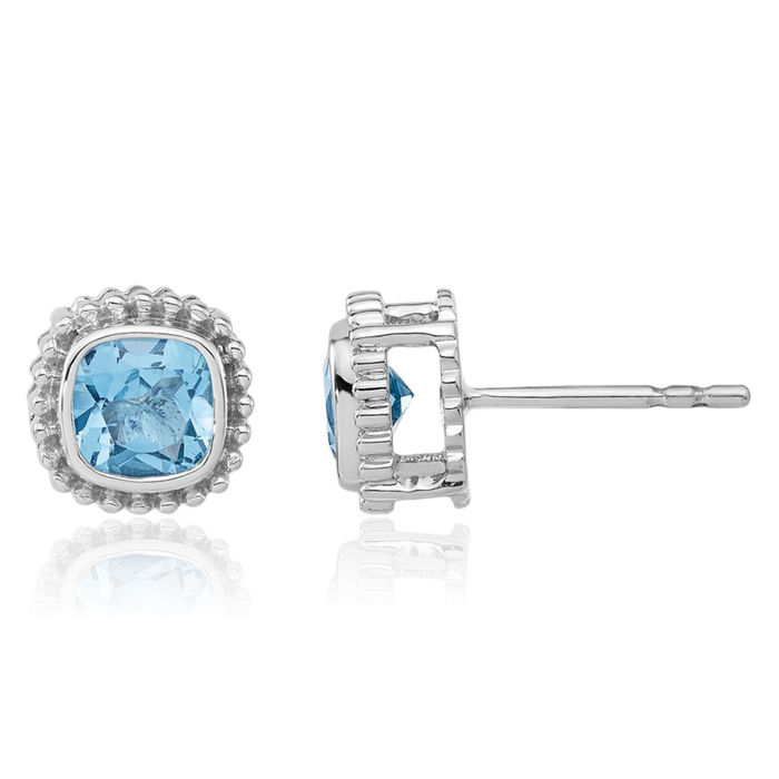 10K Solid White Gold Cushion-Cut Swiss Blue Topaz Stud Earrings December Birthstone Jewelry