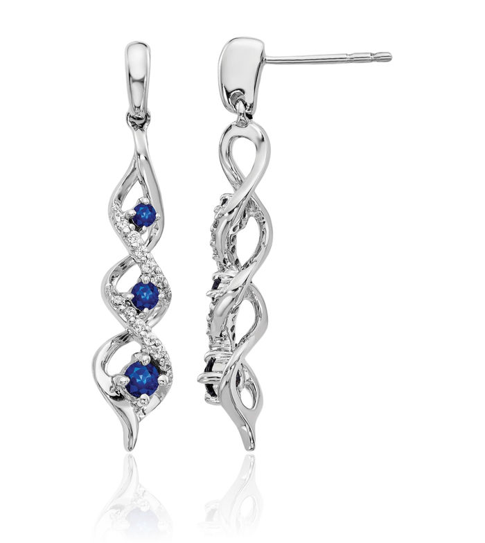 10K Solid White Gold Diamond Blue Sapphire 3 Stone Post Drop Dangle Earrings Gemstone Push Back September Birthstone Jewelry