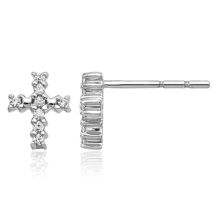 10K Solid White Gold Diamond Holy Cross Drop Dangle Christian Religious Stud Earrings