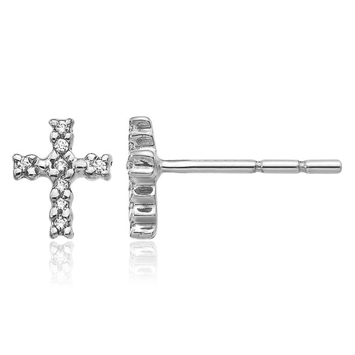 10K Solid White Gold Diamond Holy Cross Drop Dangle Christian Religious Stud Earrings