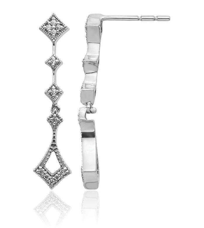 10K Solid White Gold Diamond Vintage Line Bar Drop Dangle Earrings