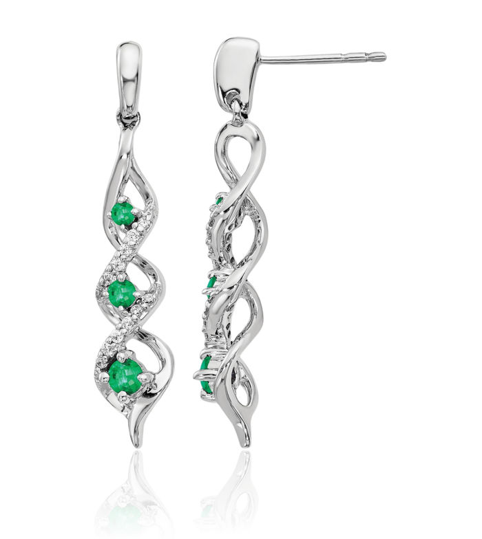 10K Solid White Gold Diamond Green Emerald 3 Stone Post Drop Dangle Earrings Gemstone Push Back May Birthstone Jewelry