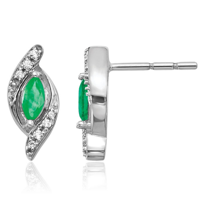 10K Solid White Gold Diamond Green Emerald Studs Gemstone Earrings May Birthstone Jewelry