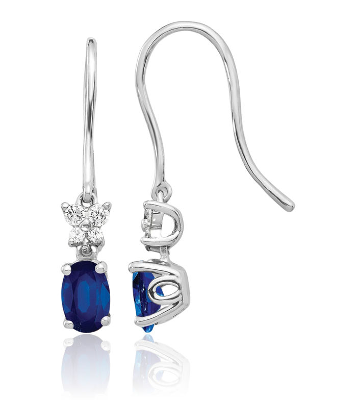 10K Solid White Gold Diamond Oval Blue Sapphire Drop Dangle Earrings September Birthstone Jewelry