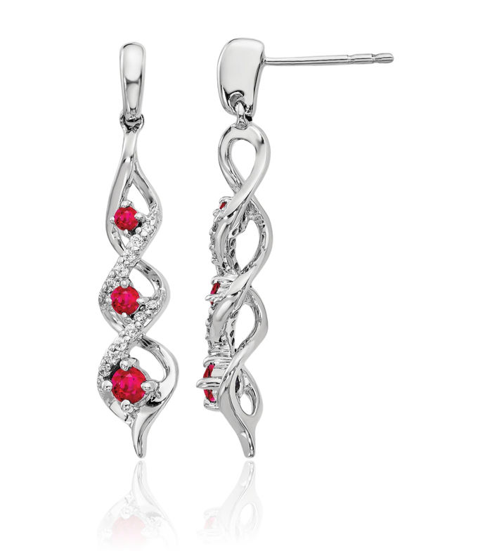 10K Solid White Gold Diamond Red Ruby 3 Stone Post Drop Dangle Earrings Gemstone Push Back July Birthstone Jewelry