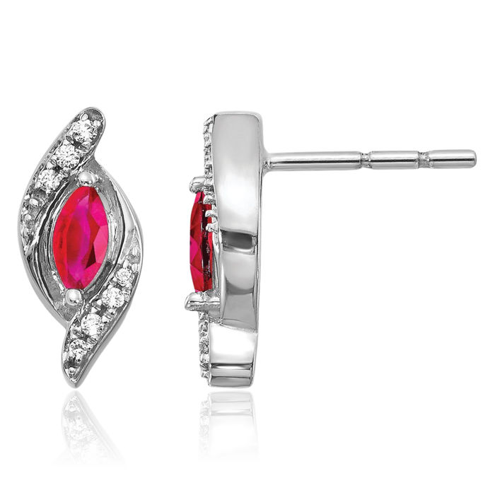 10K Solid White Gold Diamond Red Ruby Stud Earrings July Birthstone Jewelry