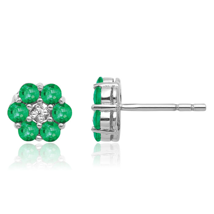 10K Solid White Gold Green Emerald Diamond Studs Gemstone Earrings May Birthstone Jewelry