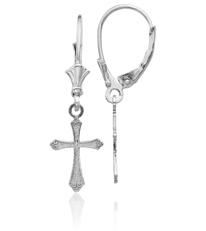 10K Solid White Gold Hanging Holy Cross Christian Religious Drop Dangle Earrings