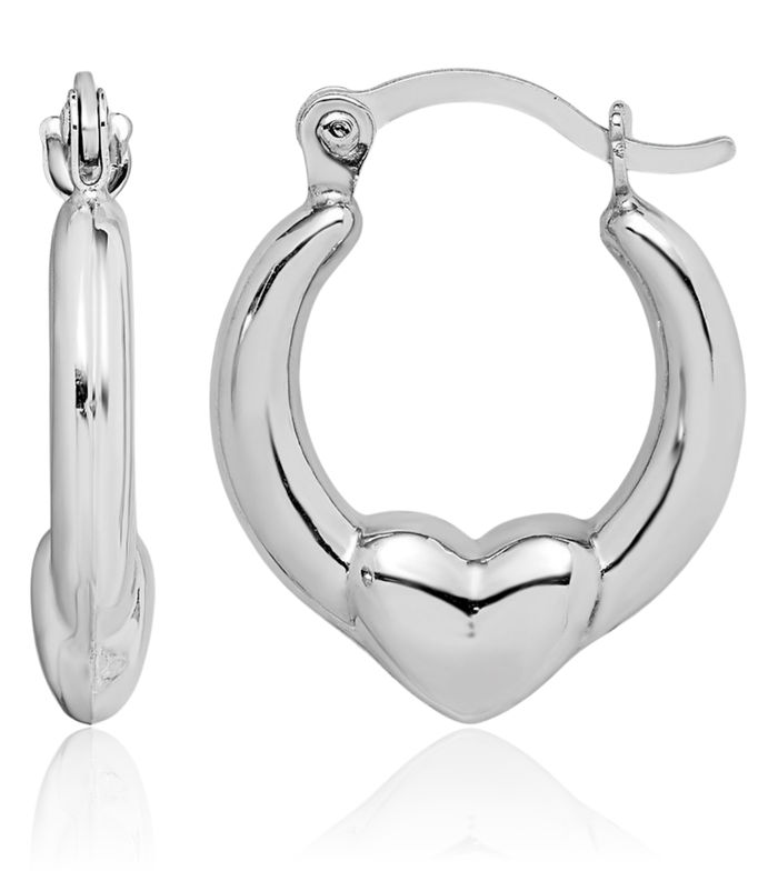 10K Solid White Gold Heart Friendship Small Hoop Earrings