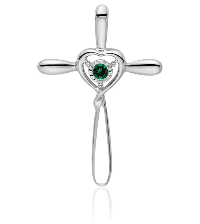 10K Solid White Gold Lab Green Emerald Holy Cross Heart Floating Chain Slide Gemstone Pendant Necklace Charm May Birthstone Jewelry